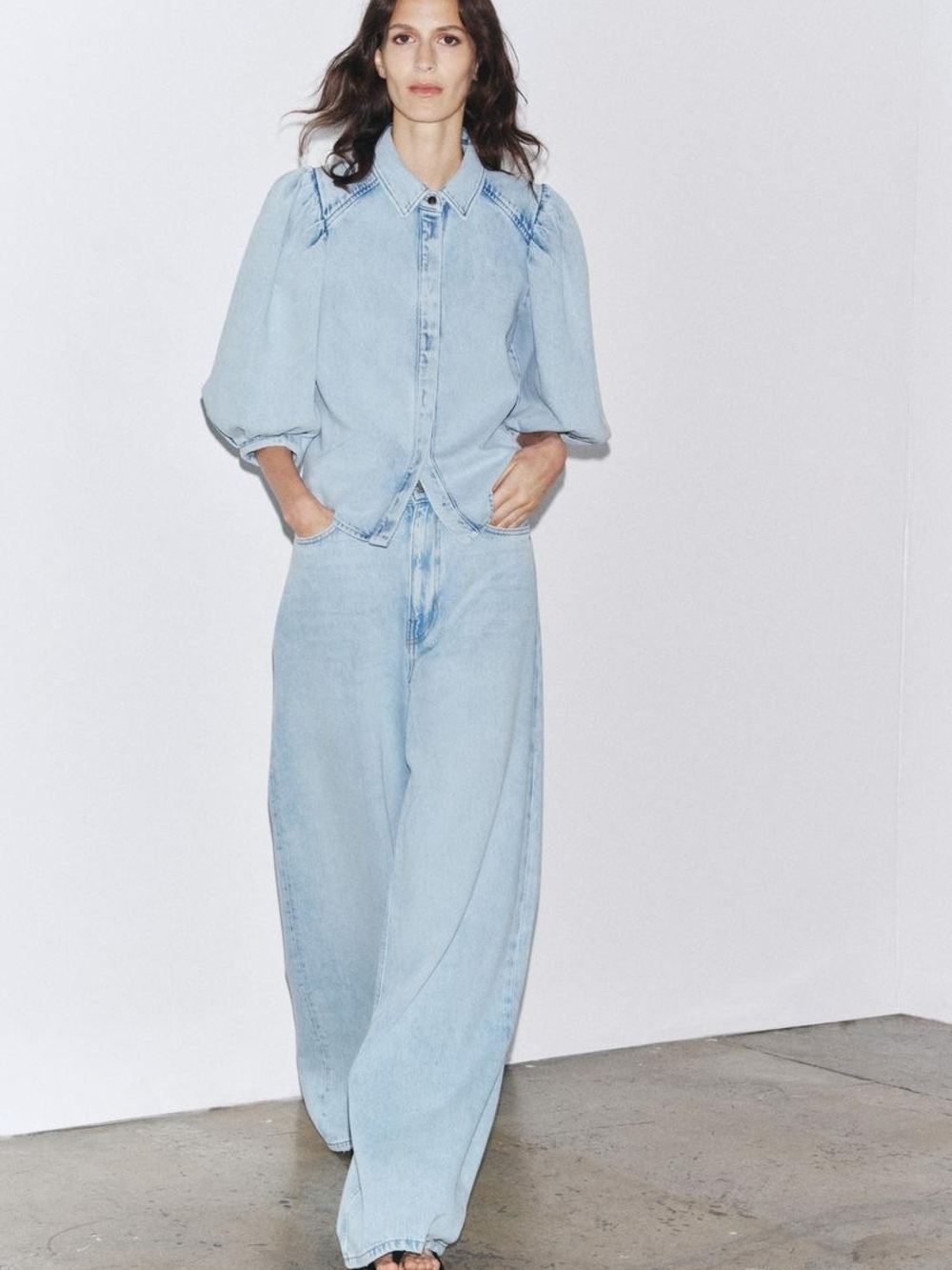 Zara ZW Collection Denim Puff Sleeve Blouse